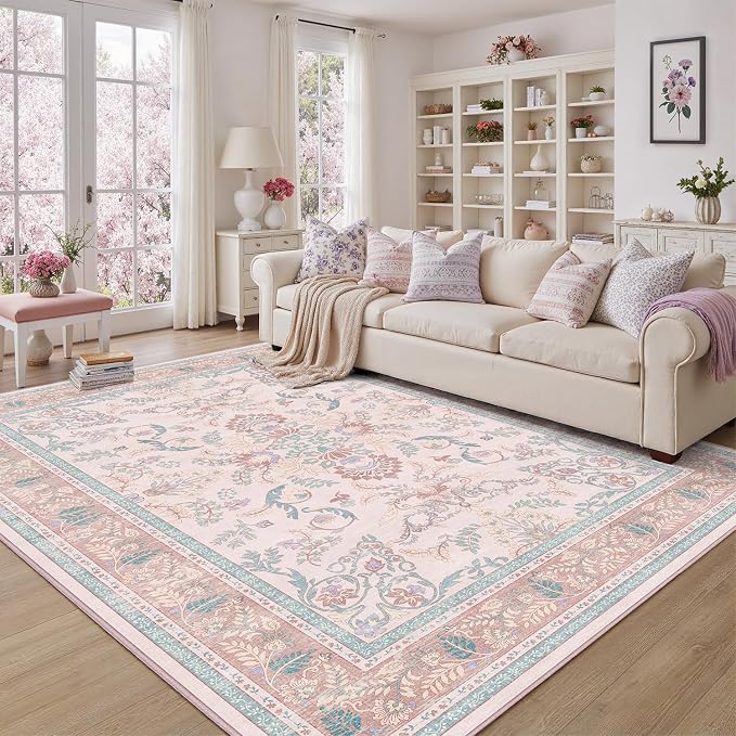 DCX 4x6 Pink Vintage Floral Rug, Machine Washable Non Slip Low Pile Carpet for Girl’s Bedroom, Nursery, Dorm, Kid & Pet Friendly Soft Stain Resistant Rug