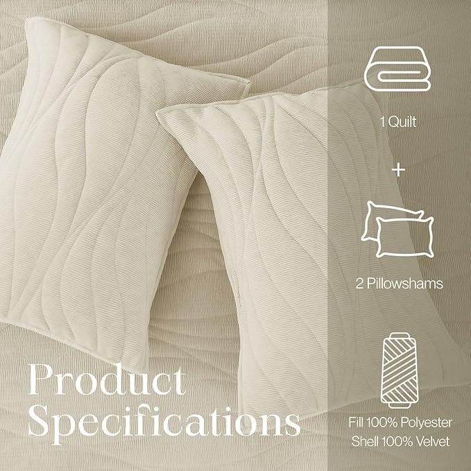 DOWN HOME Crinkle Textured Velvet Quilt Set with Shams, All-Season Luxury Modern Bedding,Easy Care Comforter,Ultra-Soft,Lightweight & Breathable, Queen, Ivory White