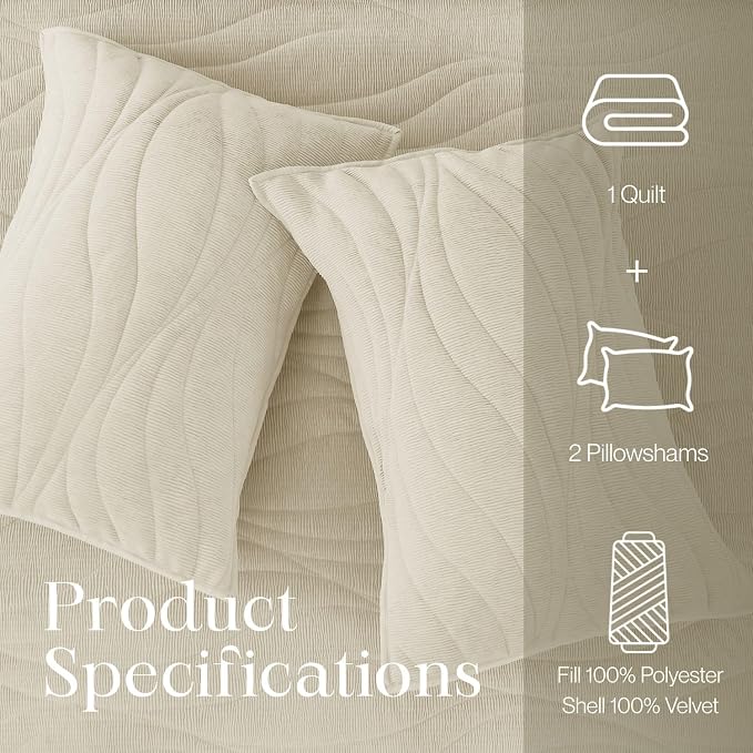 DOWN HOME Crinkle Textured Velvet Quilt Set with Shams, All-Season Luxury Modern Bedding,Easy Care Comforter,Ultra-Soft,Lightweight & Breathable, Cali King, Ivory White