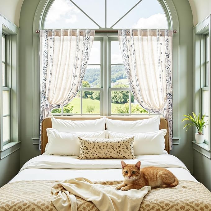 jinchan Winslow Linen Curtains 45 Inch Length Small Window Curtains Embroidered Bordered Floral Drapes Light Filtering for Bathroom Laundry Room Kitchen Farmhouse Decor Blue on Beige 2 Panels