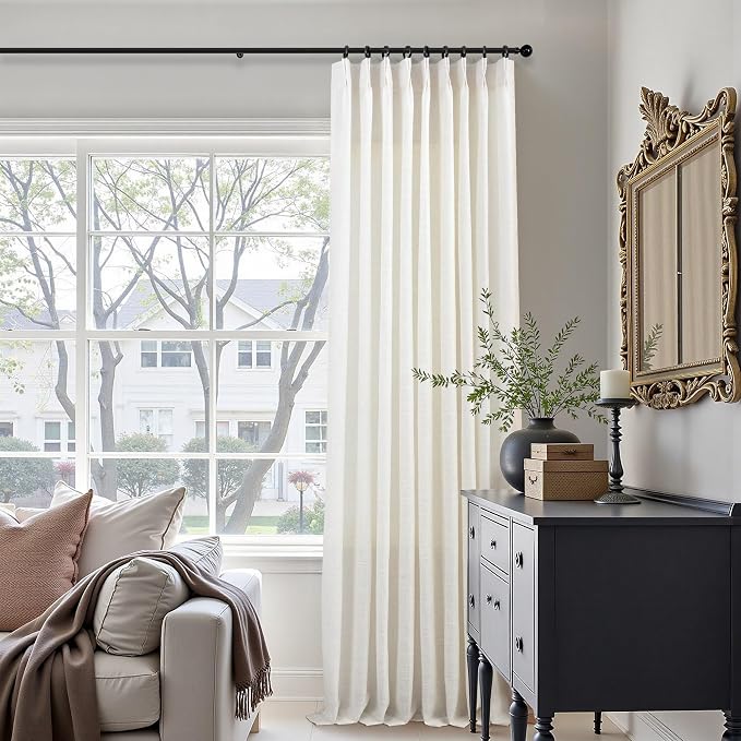 Cream Natural Linen Pinch Pleated Curtains 60 Inch Width 90 Inches Long 2 Panels 90 Inch Curtain for Living Room Bedroom Ivory White Semi Sheer Back Tab Pinch Pleat Drapes for Patio Sliding Door 60x90