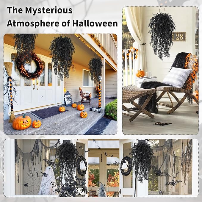 SJL Black Hanging Flowers Fake Hanging Plants Artificial Greenery Outdoor Flowers UV Resistant Fake Lavender Plant Plastic Flower Faux Vine for Garden Porch Gothic Halloween Decorations (Black)