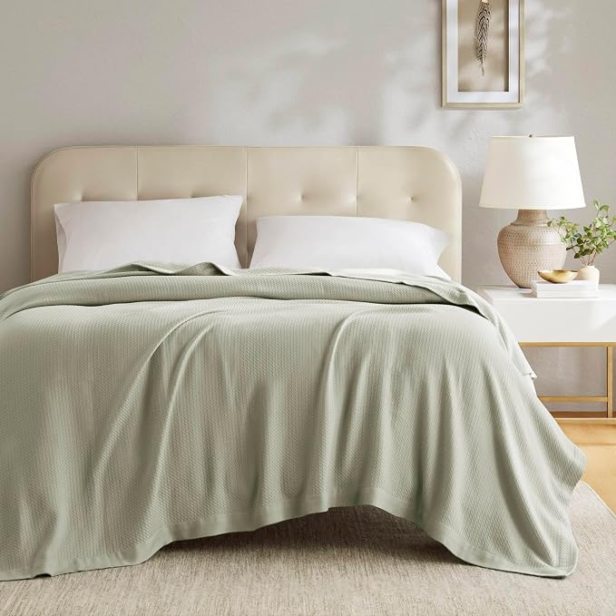 Madison Park 100% Egyptian Cotton Lightweight Summer Blanket, Breathable Waffle Knit Design, Soft Cozy All-Season Throw for Bed, Couch or Sofa, Sage Green King Size (108"x90")