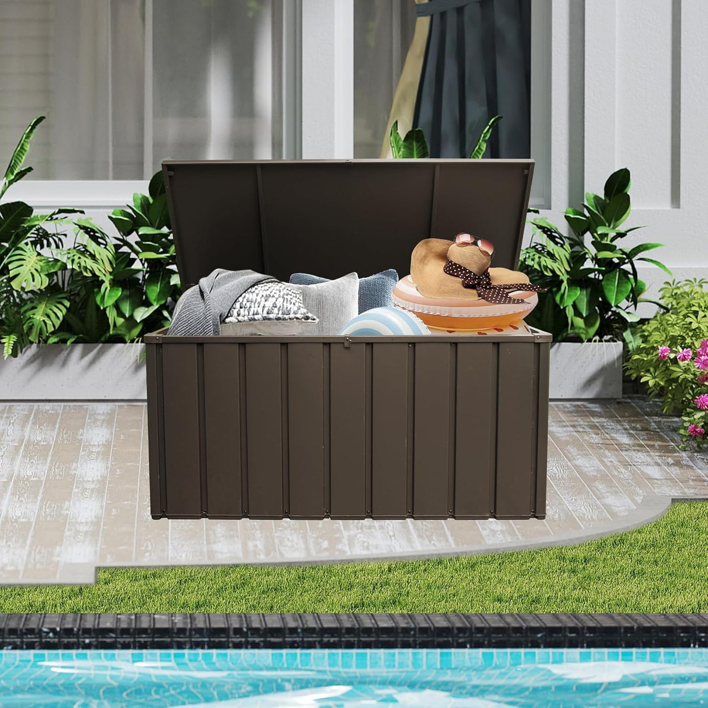 Domi 100 Gallon Deck Box, Outdoor Metal Lockable Storage Cabinet, Waterproof Steel Outdoor Bench with Lockable Lid, Side Handles & Rolling Casters for Outside Cushions, Pillows, Garden Tools, Brown