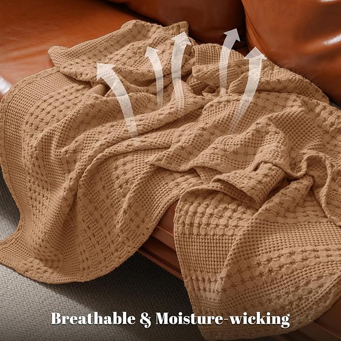 PHF 100% Cotton Waffle Blanket Twin Size for College Dorm, Lightweight Breathable and Soft for Summer, Luxury Aesthetic Waffle Weave Blanket for Bed & Gifts for Women, 66"x90", Clay