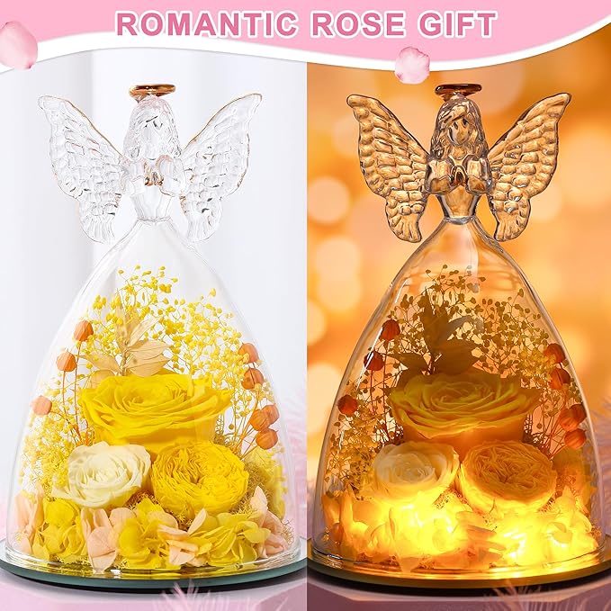 Mothers Day Rose Gifts for Women Preserved Real Flower in Glass Angel Figurines Roses for Delivery Prime Birthday Gifts for Mom Grandma Girlfriend Wife Her,Yellow Austin Roses