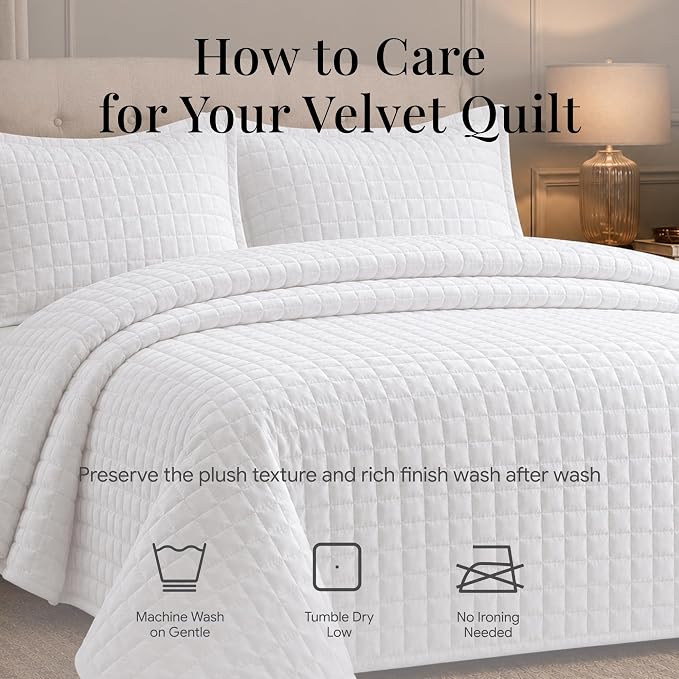 Tribeca Living Luxury Velvet Quilt Queen Size Set - 260GSM Ultra-Soft Oversized Velvet Bedspread Comforter Set with 2 Shams, in Florence White
