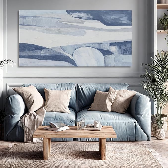 Hue7Art Modern Abstract Canvas Wall Art Blue and White Minimalist Landscape Painting, Soft Flowing Texture Artwork for Living Room Bedroom Office Hallway Wall Decor 24x48 Inch