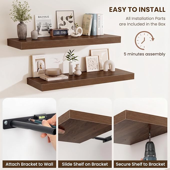 Fun Memories Floating Shelves for Wall 12 Inch, 12 Inch Deep Square Wall Shelves, Bathroom Storage Shelves Over Toilet, Wood Floating Shelves for Living Room Bedroom, Walnut, Set of 2