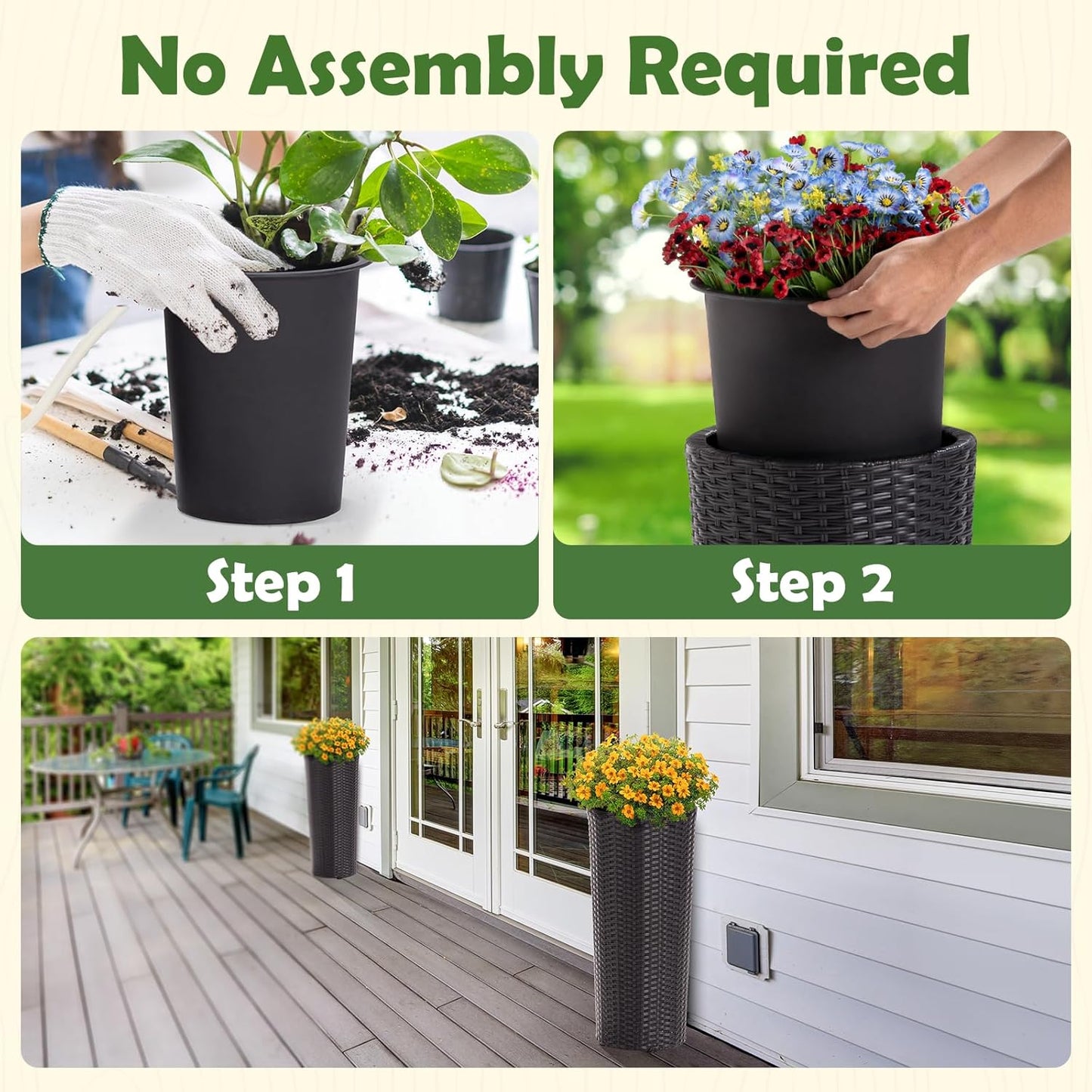 IDZO All Weather Wicker Planters for Outdoor Plants Set of 2, 24 inch Tall Black Planter for Front Porch, Patio, Balcony, Indoor Usage - Round Rattan Flower Pots