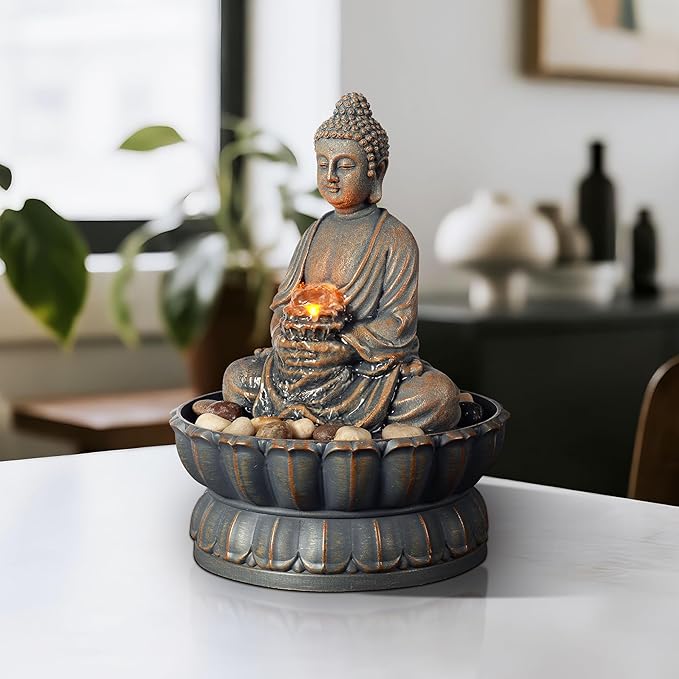 Kalona Home Décor 9.6" Tabletop Fountain Exquisite Smile Sitting Buddha Fountains Desk Water Fountain Decorative Zen Fountain w/Reflective Lighting/Cobblestone Office and Home Decor(21125A)