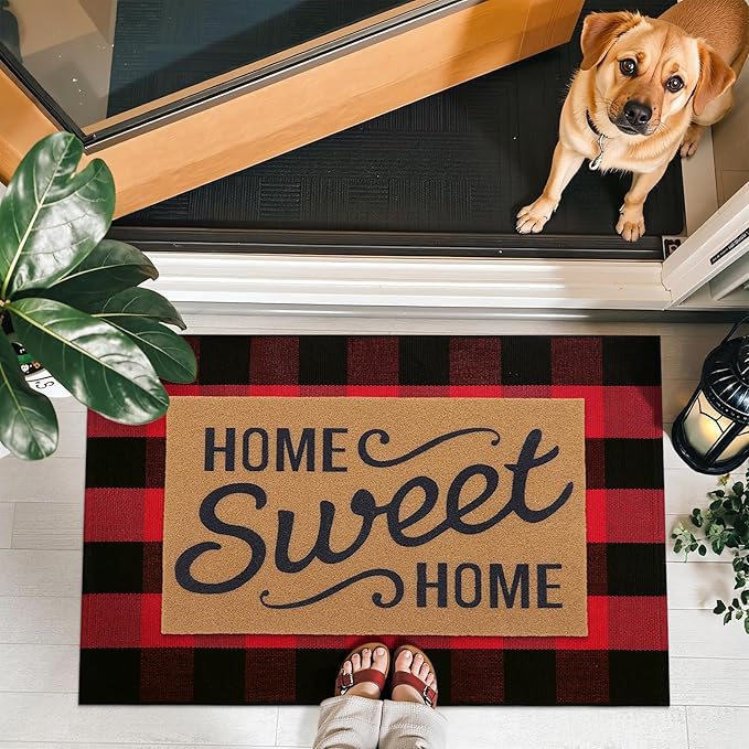 OLANLY Buffalo Plaid Rug 2'4" x 3'7" (27.5" x 43") – Red and Black Cotton Checkered Doormat, Washable Indoor Outdoor Rug for Layered Front Porch, Kitchen, Entryway Decor