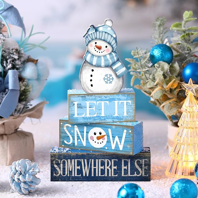 Lineshading 4 Pcs Winter Table Decorations Wooden Snowman Blue and White Winter Tiered Tray Decor Christmas Centerpiece Rustic Decorative Snowman Block Sign Gift for Wonderland Party Home Kitchen