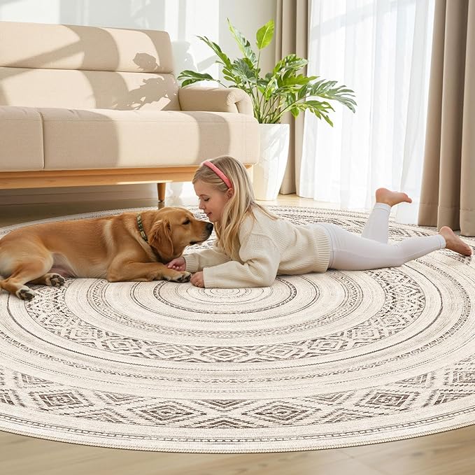 cotiled 8x8 Round Area Rug Living Room: Washable Boho Rugs with Non Slip Backing Large Soft Indoor Stain Resistant Carpet for Bedroom Farmhouse Dining Room Lightweight Home Decor Dark Brown