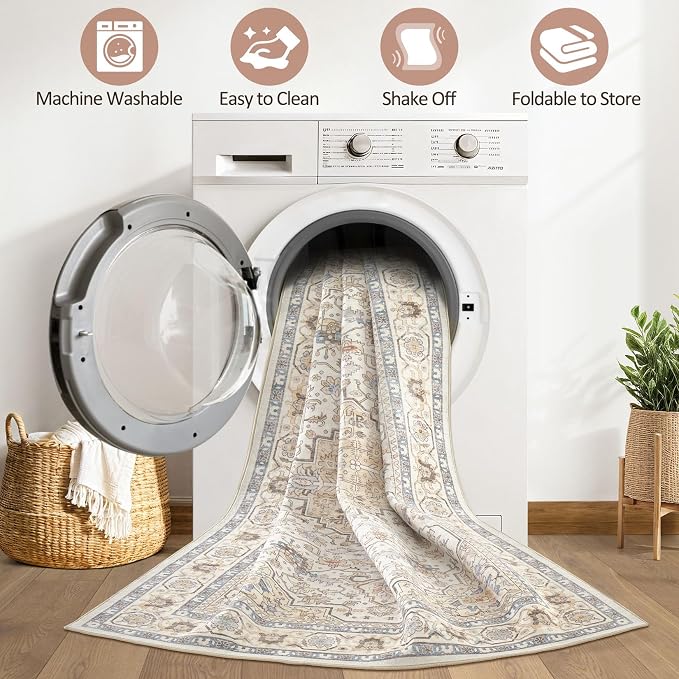 10x14 Area Rugs Living Room: Washable Boho Large Neutral Vintage Soft Rug Stain Resistant Farmhouse Non-Slip Indoor Floor Carpet for Bedroom Nursery Kids Playroom Office Dining Room- Sand Blue