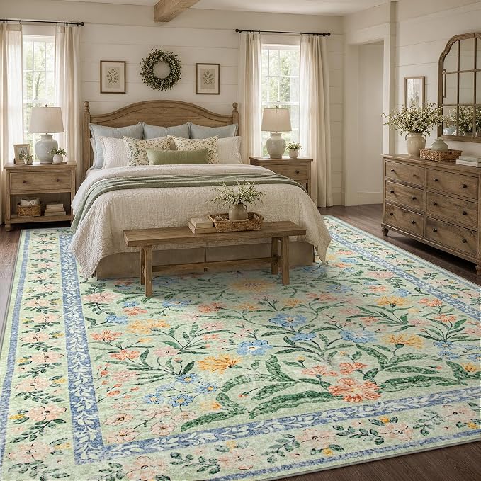 Wonnitar 10x14 Machine Washable Area Rugs, Green Floral Large Rugs for Living Room, Ultra-Thin Foldable Boho Flower Print Bedroom Carpet for Dorm Apartment Office