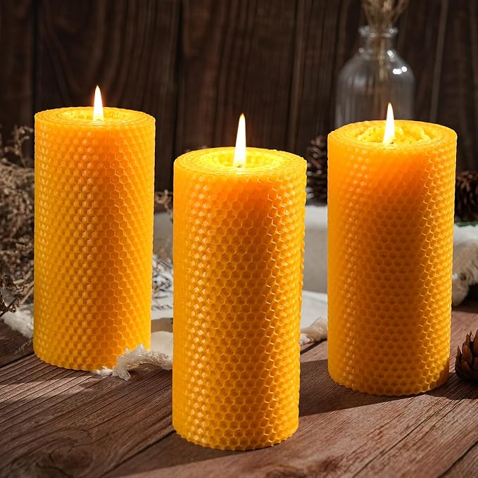 8 Pack Beeswax Piilar Candles, 360 Hours Handmade Beeswax Pillar Candles Handcrafted Honeycomb Bees Wax Candle for Home, Prayer, Unscented Candles (2.8x6 in)