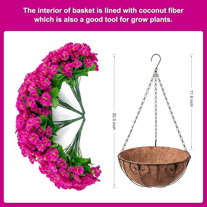 Ammyoo Artificial Hanging Flower Plants with Basket for Outdoor Decoration, Faux Petunias Flowers Fake Morning Glory Planter for Outside Patio Garden Porch Balcony Yard Decor(Fuchsia)
