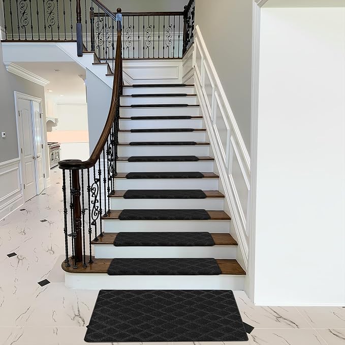 PURE ERA Bullnose Carpet Stair Treads Tape Free Non-Slip Indoor Stair Protectors Pet Friendly Stair Treads for Wooden Steps 9.5" x 30"(7 Pieces,Black Diamond Trellis)