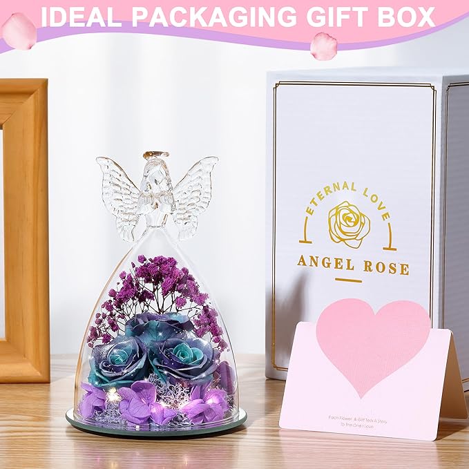 Mothers Day Rose Gifts for Women Preserved Real Flower in Glass Angel Figurines Roses for Delivery Prime Birthday Gifts for Mom Grandma Girlfriend Wife Her, GlitterBluePurple