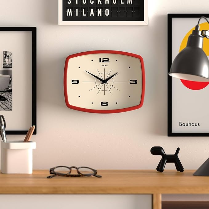 JONES CLOCKS® Movie Wall Clock | Rectangular Retro Clock | 25cm | Red | Cool mid-Century Designer Look for Kitchen, Living Room or Office