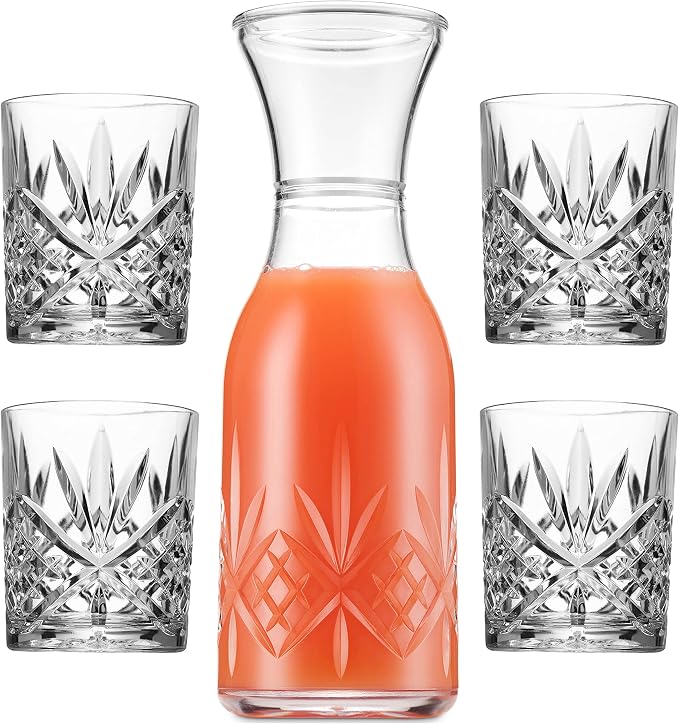 Godinger Carafe Pitcher and Drinking Glasses Set, Acrylic Shatterproof Water Pitcher Wine Decanter with 4 Wine Glasses Tumbler Cups - Dublin Collection
