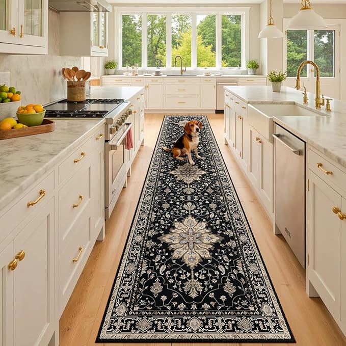 RELEANY Area Rugs 3'x10' Runner Rug Non Slip Washable for Kitchen Hallway Bedroom Beside Laundry Room Bathroom Rug, Floor Carpet, Black Brown Neutral Dark Tan