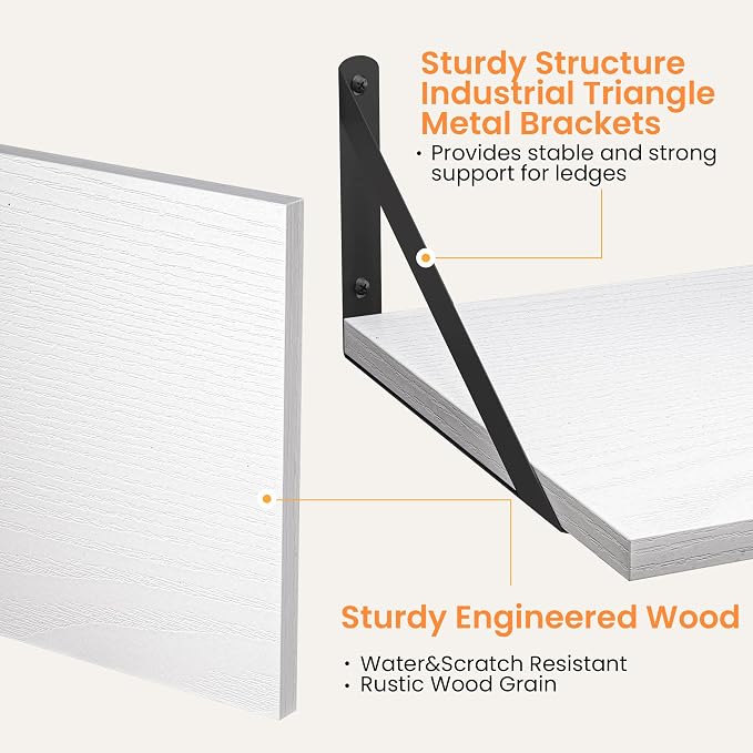 Heimlove White Deep Floating Shelves for Wall, 28W x 12D Wood Wall Shelves Set of 2, Wide Floating Bookshelf for Living Room, Kitchen, Office, Bedroom and Decor Storage, with Black Bracket - White