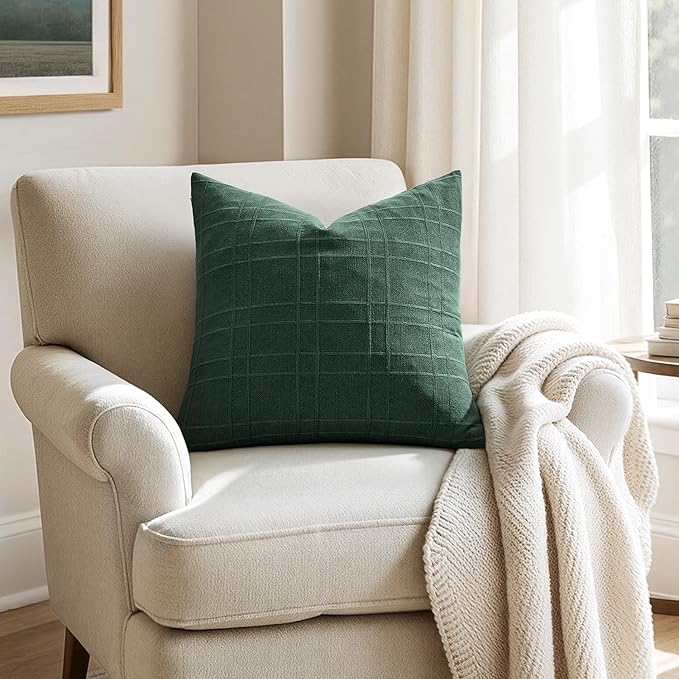 MIULEE Decorative Linen Check Throw Pillow Covers Neutral Farmhouse Vintage Spring Pillow Covers 18x18 Set of 2 Boho Modern Home Decor for Sofa Couch Bedroom Cushion Dark Green