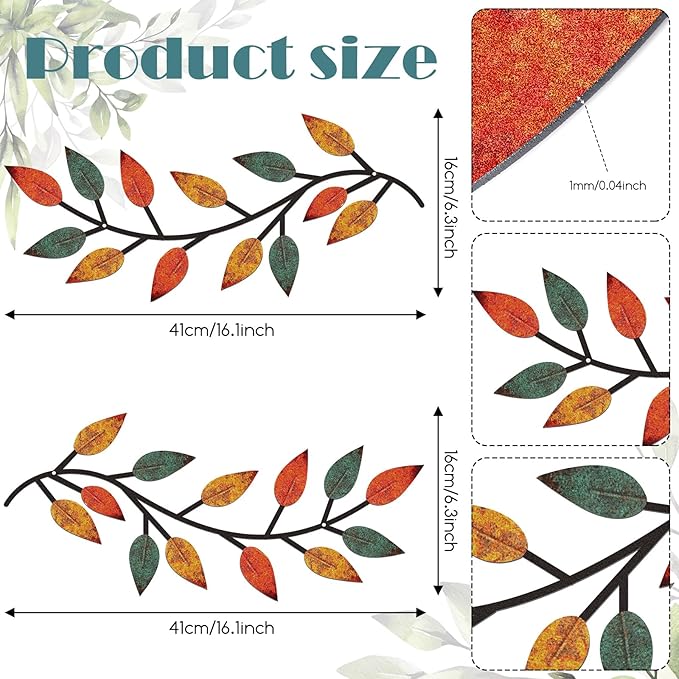 Zhengmy 2 Pieces Metal Tree Leaf Wall Decor Vine Olive Branch Leaf Wall Art Living Room, Hallway Wall Decor Outdoor Decoration(Lively Colors)