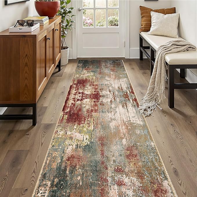 RELEANY Washable Area Rugs 2'x10' Non-Slip Modern Abstract Soft for Living Room Entryway Bedroom Nursery, Print Pattern, Brown Rust Red Green Blue Multi