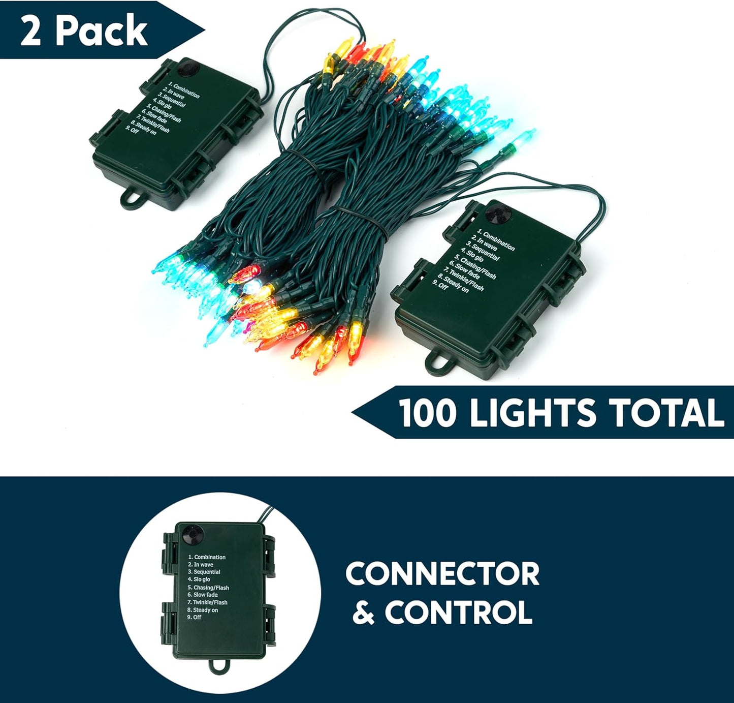 Joiedomi LED Christmas String Lights,2×50 Count 32.6FT Battery Operated Christmas Tree Fairy Lights with 8 Modes,Multifunction Green Wire for Xmas Decor Party Holiday House,Multicolor