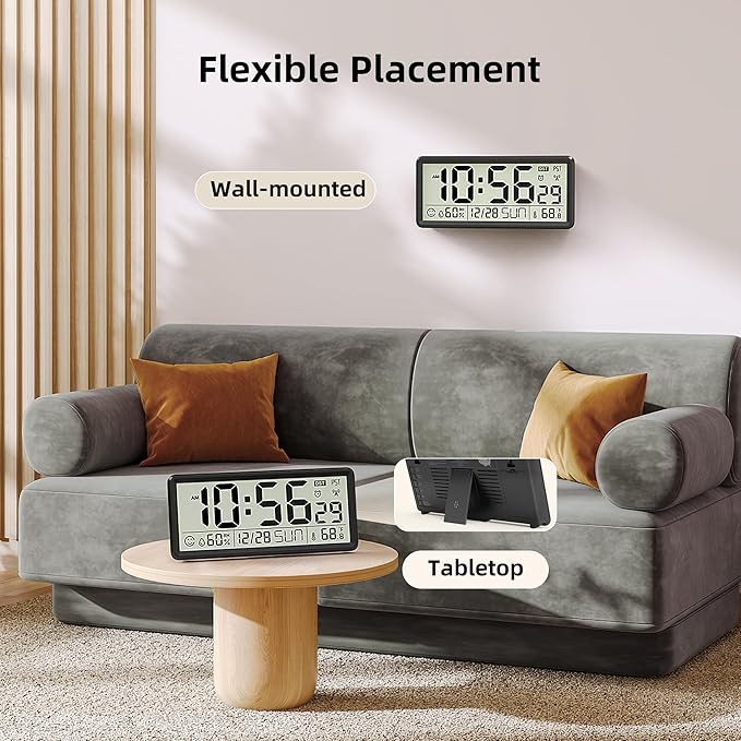 EASYERA 15'' Large Digital Wall Clock Battery Operated, Atomic Clock with Indoor Temperature and Humidity, Self-Setting with Auto DST, for Kitchen, Classroom, Living Room (Batteries Not Included)