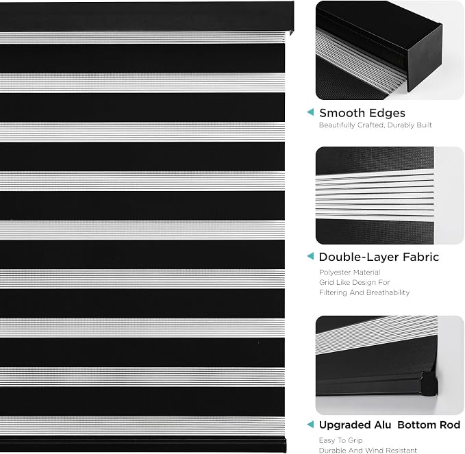 Joydeco Cordless Zebra Blinds (Pro), Dual Layer Light Control Zebra Blinds for Windows, Light-Proof Aluminum Cover, Free-Stop Roller Shades for Home & Office (Black, 45" W x 75" H)