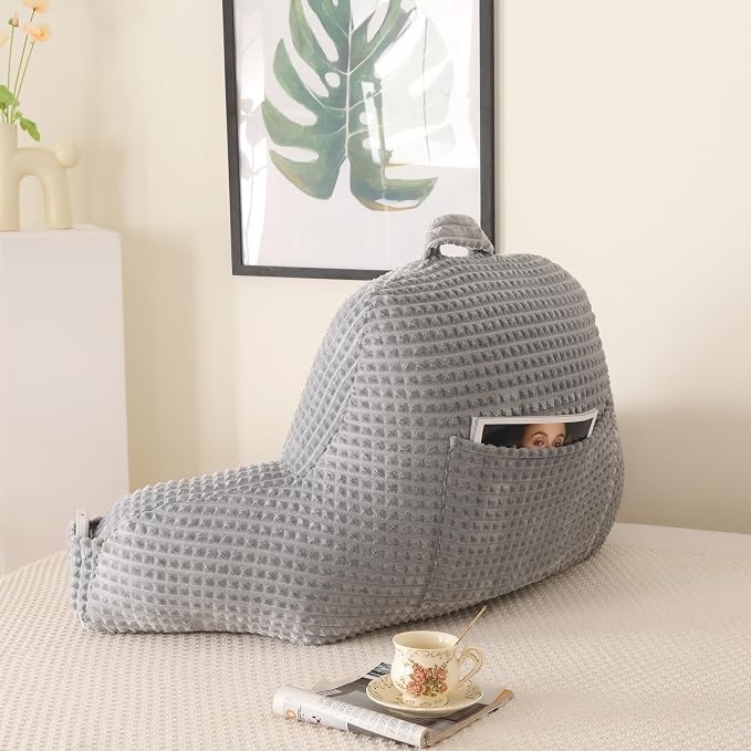 Reading Pillow with Arms for Sitting in Bed,Backrest,Gray Flannel,M | 17" Backrest with Arms Supports Back for College Students,Elbows & Forearms for Dorm Reading,Gaming,Watching TV