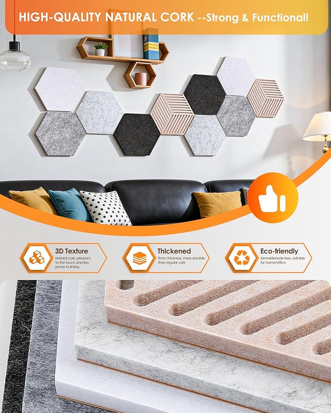 Hexagon Cork Boards for Walls Decor 10 Pack Cork Bulletin Board Tiles with 50 Pins,Pin Board for Office & Home for Notes Photos and DIY Classroom Decor (Industrial Vintage Style)