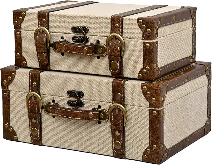 DECOR4SEASON Rustic Linen Decorative Storage Trunk Set, Vintage Canvas Fabric Nested Treasure Chests with Brown PU Leather Trim and Brass Accents, Set of 2 Faux Suitcase Home Decor Boxes