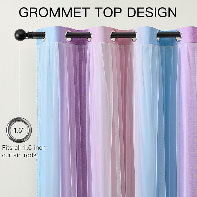 XiDi Blackout Curtains with Sheer Overlay for Girls Bedroom 2 Panels 63 Inches Long Ombre Pink Purple Curtains Colorful Rainbow for Kids Room Unicorn Princess Theme Home Decor Grommet Drapes W52XL63
