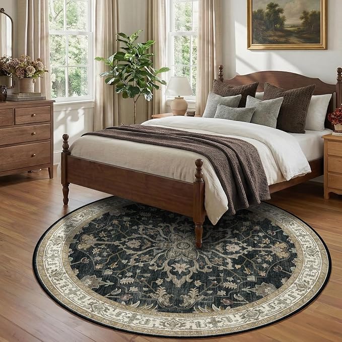 RELEANY Area Rugs Round 8ft Washable Non-Slip, Floral Vintage Distress Print Pattern Medallion Carpet for Living Room Bedroom Dining Room, Vintage Black Brown Neutral