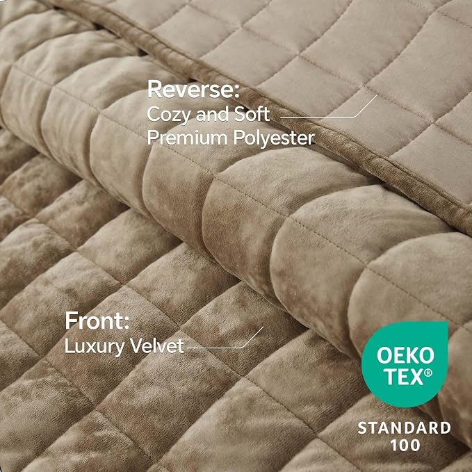 BEDELITE Velvet Quilt Set Queen Size - Luxury Soft Velvet Comforter Bedding Set for All Season, Lightweight Quilted Box Stitch Oversized Bedspread Coverlet with 2 Matching Shams, Tan