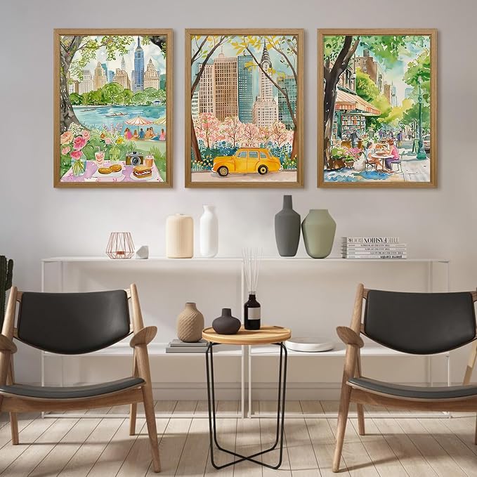 Watercolor New York City Wall Art Nyc Canvas Poster Travel Wall Decor Nyc Painting Central Park Picture New York Landmarks Artwork for Bedroom Living Room 16x24x3 Inch Wood Framed
