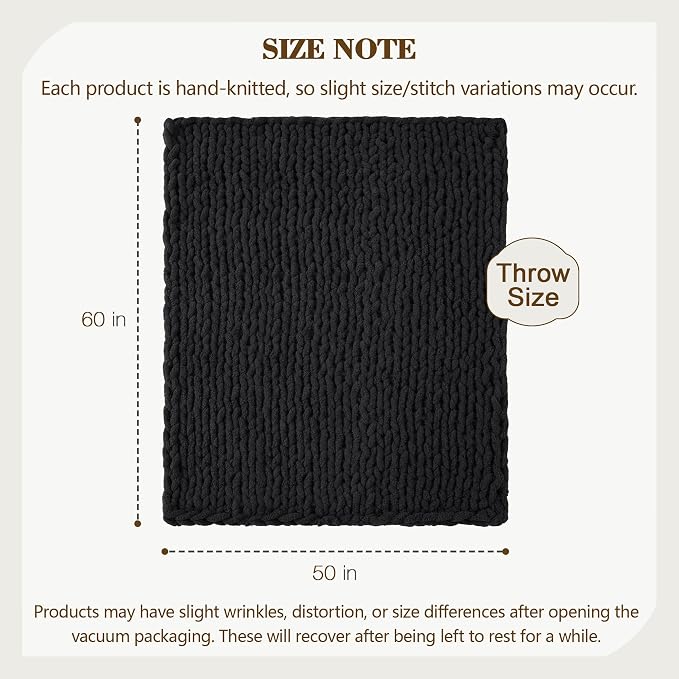 Carriediosa Chunky Knit Throw Blanket 50" X 60", 100% Hand Made Large Chenille Loop Yarn Soft Fluffy Throws for Couch Sofa Bed, Big Crochet Cozy Heavy Thick Cable Woven Blankets, Black