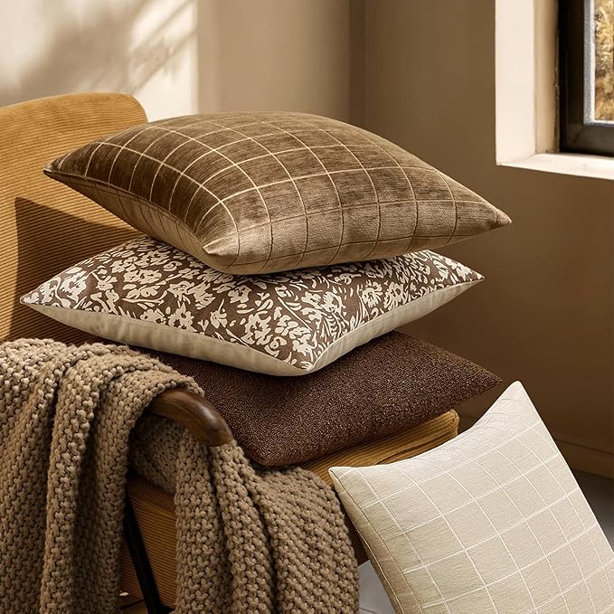 MIULEE Decorative Chenille Check Throw Pillow Covers Vintage Plaid Couch Pillows 20x20 Inch Set of 2 Neutral Boho Farmhouse Cushion Covers Modern Home Decor for Sofa Bed Living Room Toffee