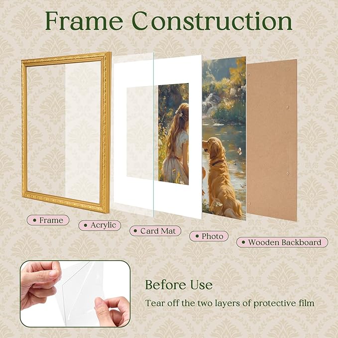 TWING 11x14 Picture Frame,Display 8x10 Photo with Mat or 11x14 without Mat,Ornate Vintage 11 x 14 Photo Frames for Wall Mounting,Gold,1 Pack