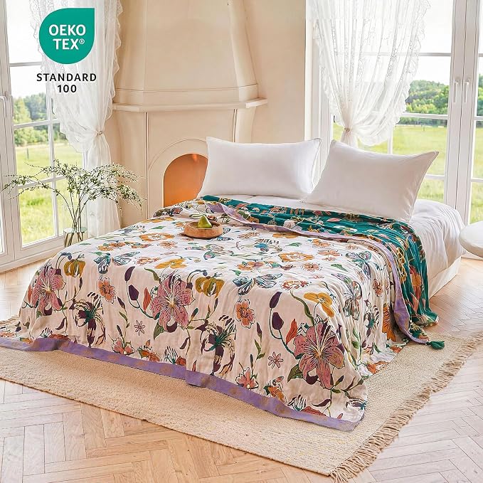 MSGKV Boho Throw Blanket 90"x90" Floral Blanket for Bed 100% Cotton Summer Breathable Lightweight Farmhouse Queen Blankets All Seasons Home Decor Muslin