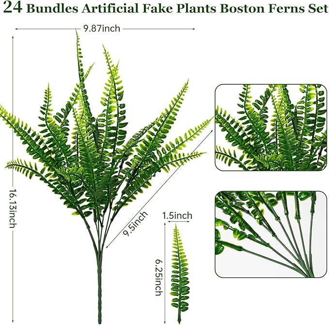 Nigirior 24 Bundles Artificial Fake Plants for Outdoor Faux Boston Fern for Home Decor UV Resistant Fake Plants Greenery for Front Porch Planter Indoor or Outdoor (Green)