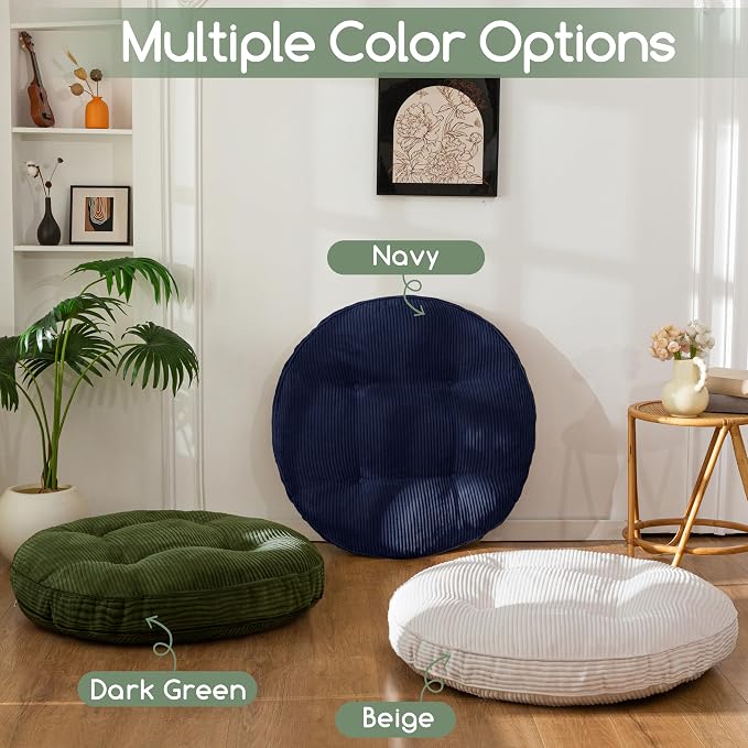 HIGOGOGO 35" Floor Pillow Cushion for Adults, Meditation Cushion Pillow, Extra Large Square Floor Sitting, Tufted Corduroy Cover for Tatami Living Room or Yoga, Dark Green