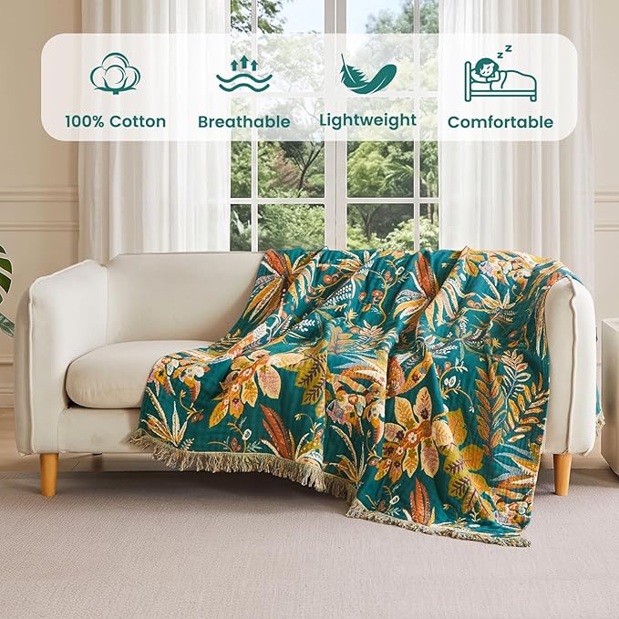 MSGKV Boho Throw Blanket for Bed Twin Size 100% Cotton Floral Blanket 60"x80" Couch Blankets Muslin Summer Breathable All Seasons Lightweight Farmhouse Blankets Home Decor