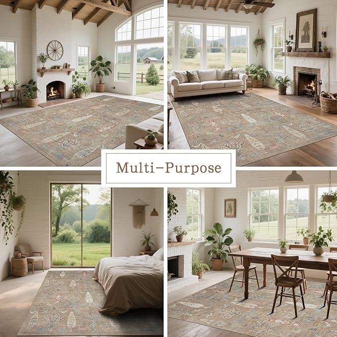 Srugn Washable Rugs 8x10 Area Rugs for Living Room,Bedroom,Dining Room-Large Ultra Soft Faux Wool Retro Carpet,Non Slip&Non-Shedding Low Pile Vintage Print Rug for Home Office Dorm Playroom-Terracotta
