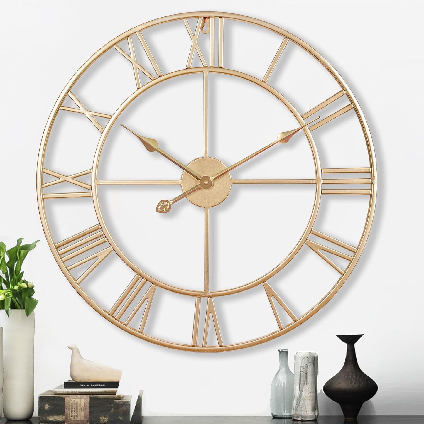 CLXEAST Champagne Gold Metal Wall Clock, Large Roman Numeral 24 Inch Wall Clocks for Living Room Decor,House Warming Gifts New Home